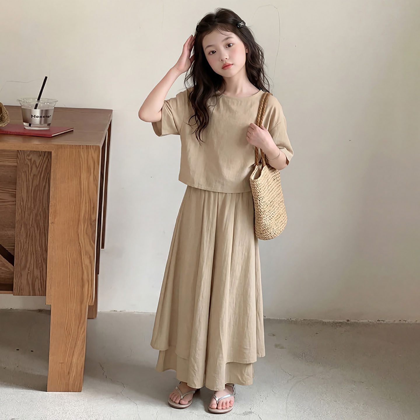 女童休闲棉麻上衣阔腿裤套装2026夏季新款洋气中大童九分裤防蚊裤