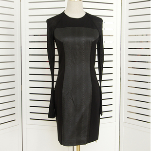 黑色塑形连衣裙！玛家 圆领真丝针织长袖意大利拼接修身收腰通勤