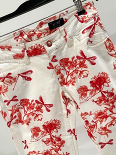 欧洲花鸟纹!意大利正品牌白色印花牛仔裤女修身小脚长高弹力低腰