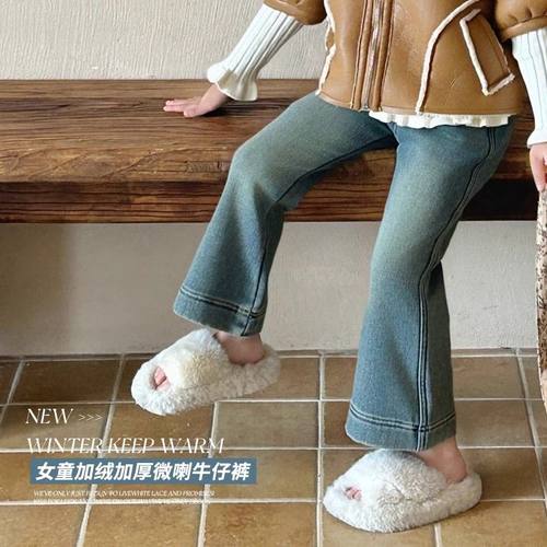 女童加绒牛仔裤秋冬一体绒喇叭裤