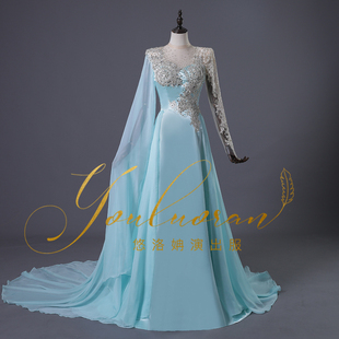 晚会主持人礼服女艺考美声礼服裙 民歌独唱时尚 2023新款 蓝色水袖