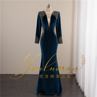 2023年秋季鱼尾韩国金丝绒礼服深v领主持高定礼服独唱演奏演出服