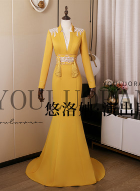 悠洛姌黄色重工刺绣显瘦礼服