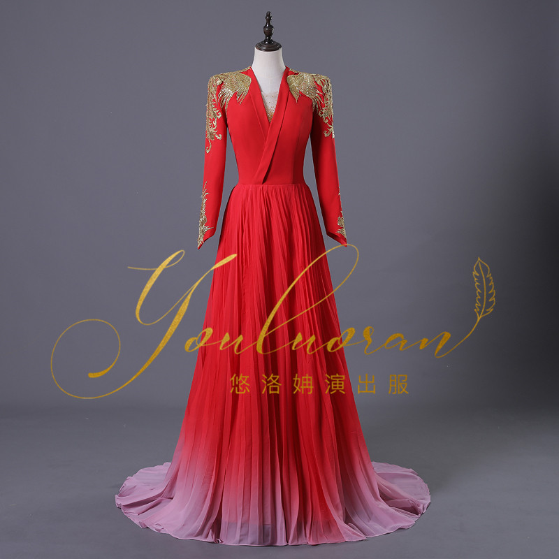 实拍春晚佟丽娅同款旗袍礼服大红色刺绣凤凰旗袍礼服晚宴装女走秀