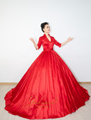 实物拍摄民歌独唱演出服大红色长袖 晚会主持人礼服女声乐比赛礼服