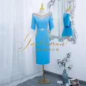 悠洛姌演出服实拍蓝色包臀款 重工主持人显瘦礼服艺考舞台演奏 修身