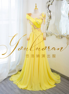 悠洛姌演出服新款黄色显白修身礼服舞台演出独唱声乐演出艺考礼服
