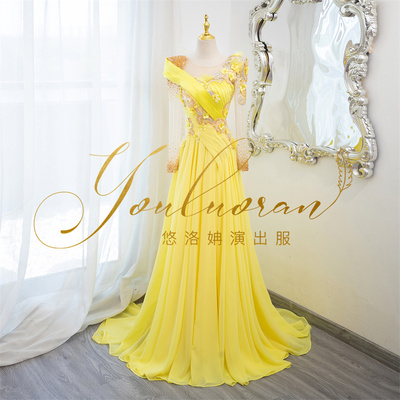 悠洛姌演出服优雅长袖镂空显瘦