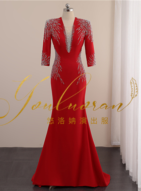 2023年红色周年鱼尾款礼服主持人礼服深v领演出服长裙声乐艺考