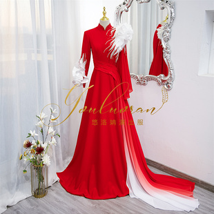 悠洛姌演出服实拍渐变红色水袖 唱歌立领礼服艺考声乐演奏礼服独唱