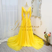 悠洛姌演出服新款 亮黄色重工礼服气质名媛表演艺考美声独唱演出服