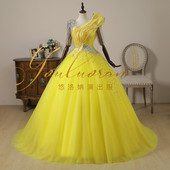 一字肩宴会主持人礼服女独唱蓬蓬裙2023新款 舞台演出表演拖尾婚纱