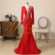 显瘦主持人礼服独唱演出服艺考礼 演出服鱼尾修身 2023新款 红色长袖