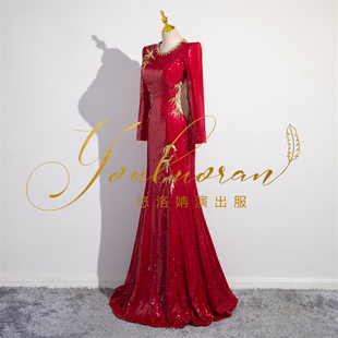 悠洛姌演出服新款央视主持人马舒凡同款重工修身显瘦礼服舞台演出