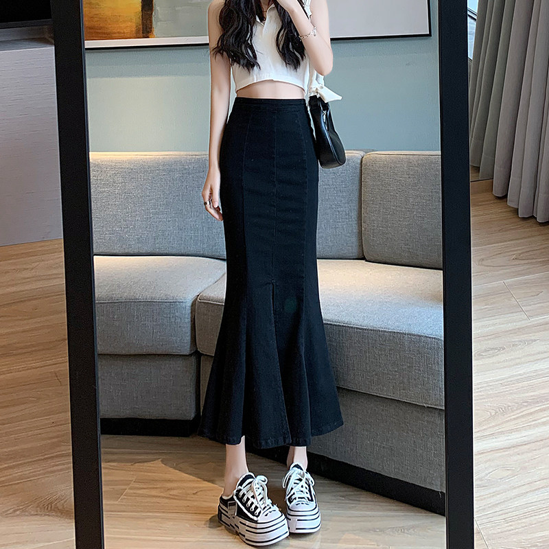 黑色牛仔半身鱼尾裙女夏季2026新款设计感小众高腰开叉a字包臀裙