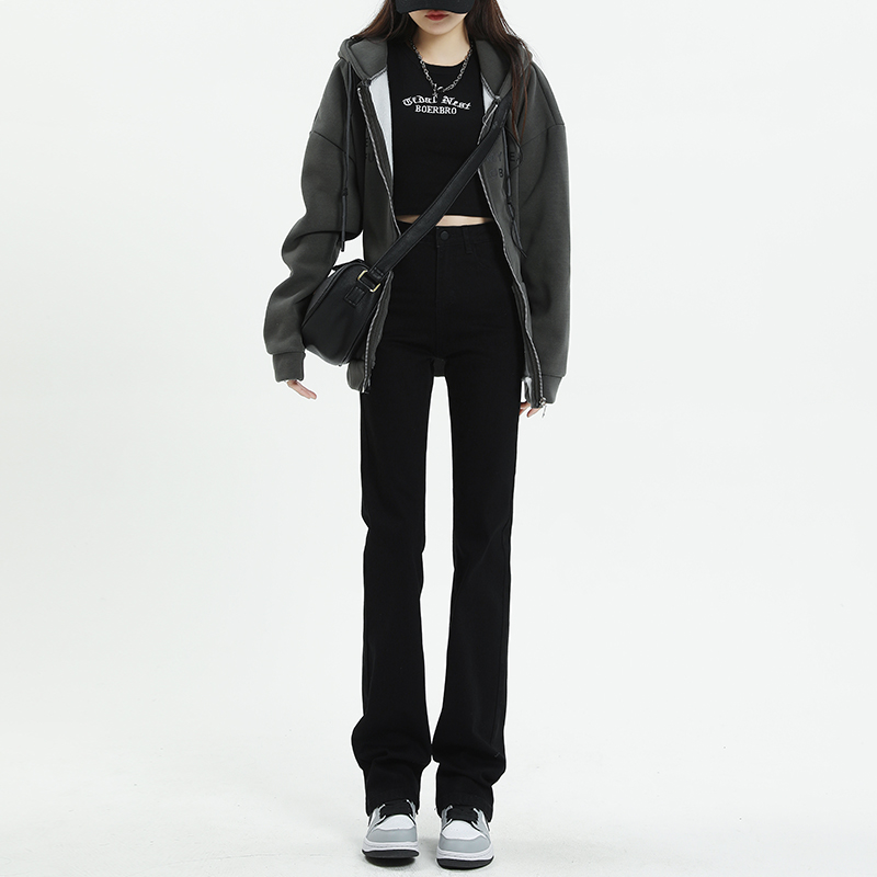 佩艳直筒裤牛仔裤女长裤黑色高腰