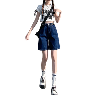 深蓝五分牛仔短裤女夏季薄款2026新款高腰宽松显瘦a字小个子中裤