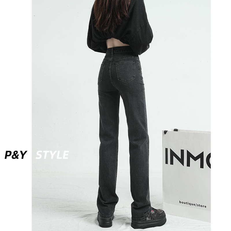 佩艳直筒牛仔裤女拖地黑灰色高腰