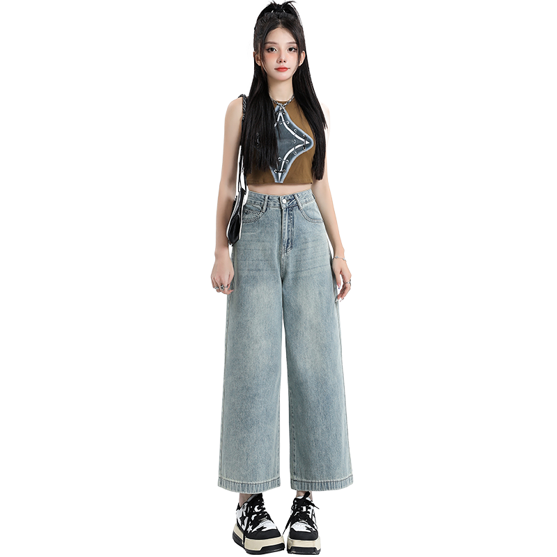 复古高腰阔腿牛仔裤女夏季薄款2025新款宽松显瘦小个子垂感九分裤