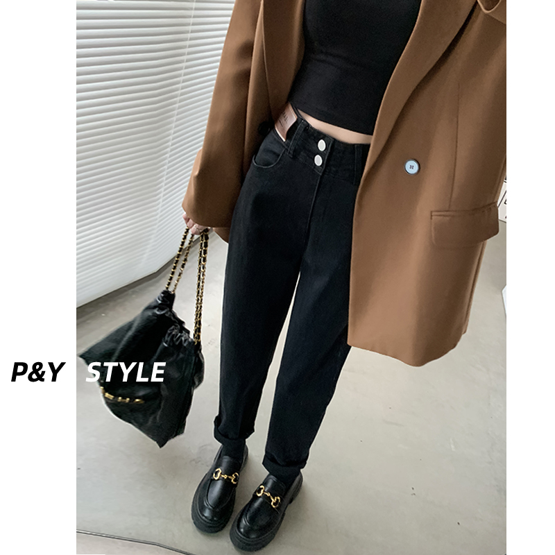 佩艳哈伦裤九分黑色高腰直筒宽松