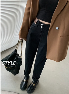 黑色爆款哈伦牛仔裤女2025新款早春高腰直筒宽松弹力小个子老爹裤