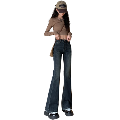 佩艳微喇叭拖地裤水泥灰高腰弹力