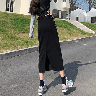黑色牛仔半身裙子女夏季 高腰设计感小众小个子a字包臀裙 2022新款