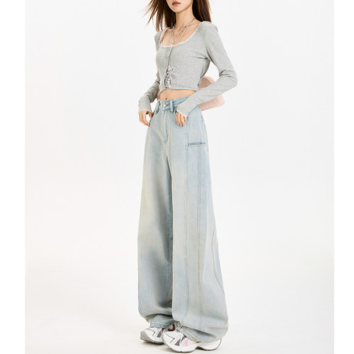 高腰弯刀阔腿牛仔裤女浅色拖地裤