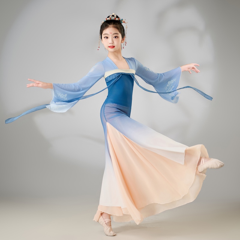 女童古典舞蹈表演出服学生舞练功训练服蓝色少儿童民族扇子舞套装