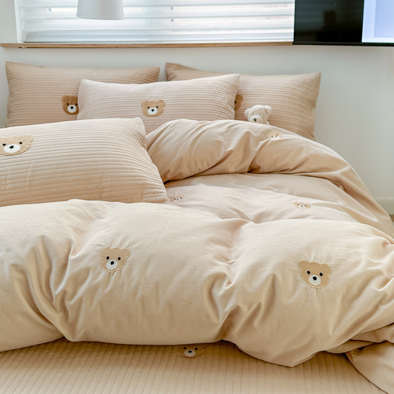 儿童加厚床盖四件套全棉水洗棉床笠款夹棉床单纯棉刺绣被套床品