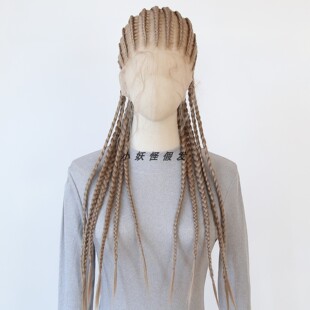 蜂蜜棕色地垄沟脏辫全蕾丝化纤长三股粗脏辫整顶假发套BraidedWig