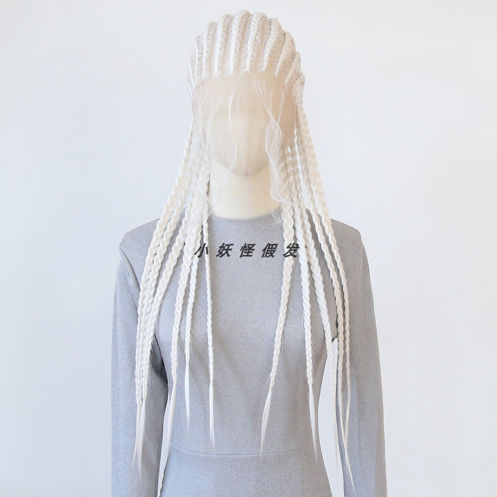 纯白色地垄沟脏辫全蕾丝化纤长三股粗脏辫整顶假发套 Braided Wig