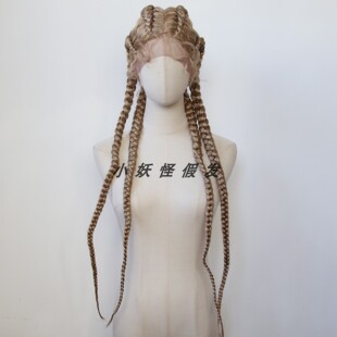 蜂蜜金棕色地垄沟粗脏辫蕾丝高温丝4根超长手编粗辫子整顶假发套