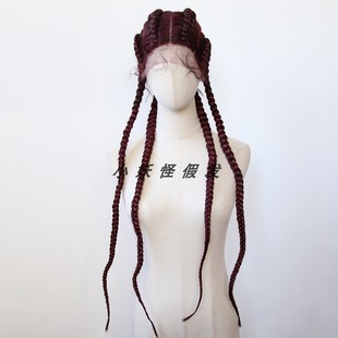 暗红色地垄沟脏辫蕾丝浆果深红高温丝4根超长手编粗辫子整顶假发