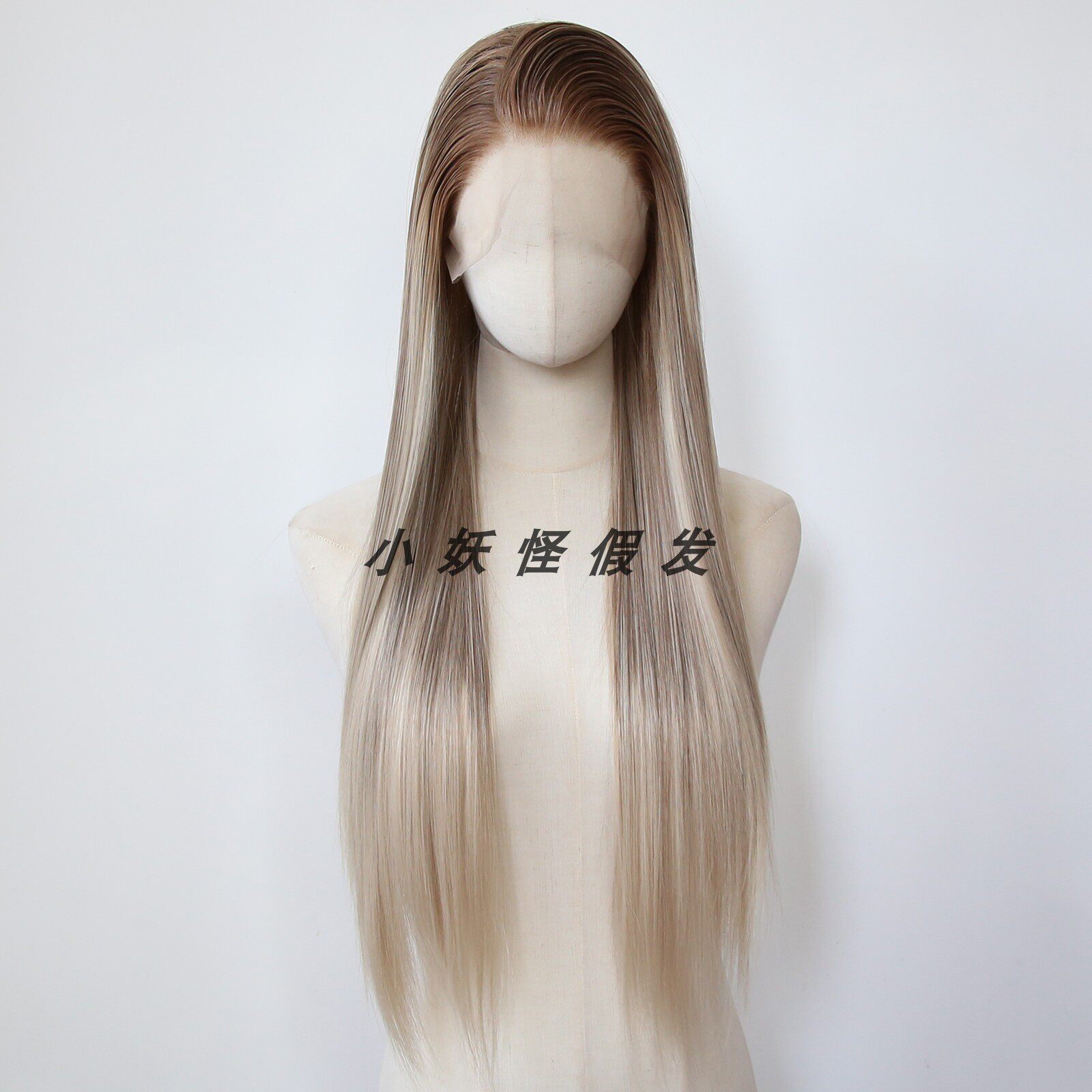 渐变白金色混棕色前蕾丝巴黎画染亚裔欧美风显白高温丝整顶假发套