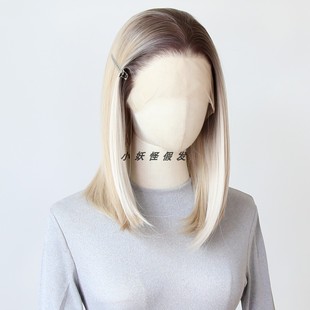 亚麻金棕渐变挑染白金内扣波波头短发前蕾丝高温丝Bob整顶假发