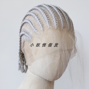 银色超短地垄沟粗脏辫全蕾丝银白色手编高温丝三股脏辫整顶假发套