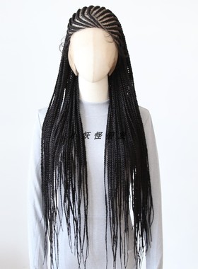 黑色全头蕾丝玉米辫脏辫高温丝假发套full lace box braided Wig