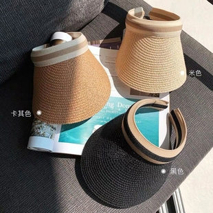 草編空頂鴨舌帽遮臉防曬遮陽帽太陽帽無頂度假海邊草帽 帽子女夏季