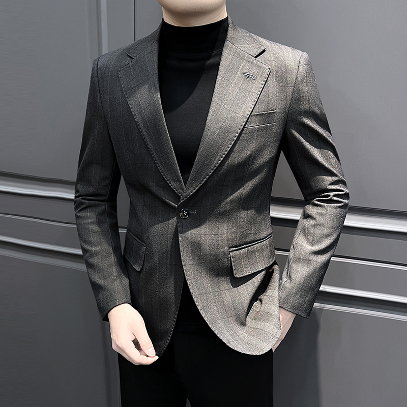 格子西服男2025新款秋冬季高级感痞帅商务正装韩版修身小西1115h
