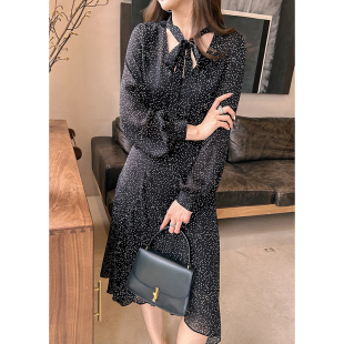 优雅气质设计感不规则摆飘带点点衬衣中长裙 时尚 618狂欢节