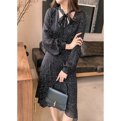 【618狂欢节】时尚优雅气质设计感不规则摆飘带点点衬衣中长裙