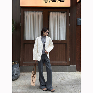 秋冬新款 菱格纹廓形撞边棉服女宽松显瘦防风保暖上衣复古潮流百搭