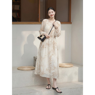 桑蚕丝绑带连衣裙女夏季收腰显瘦真丝长裙气质通勤碎花仙女裙