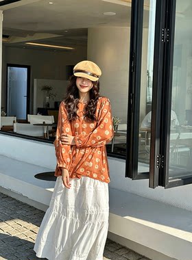 咖色印花文艺休闲女棉苎麻娃娃衫圆领灯笼袖轻薄透气宽松遮肉上衣