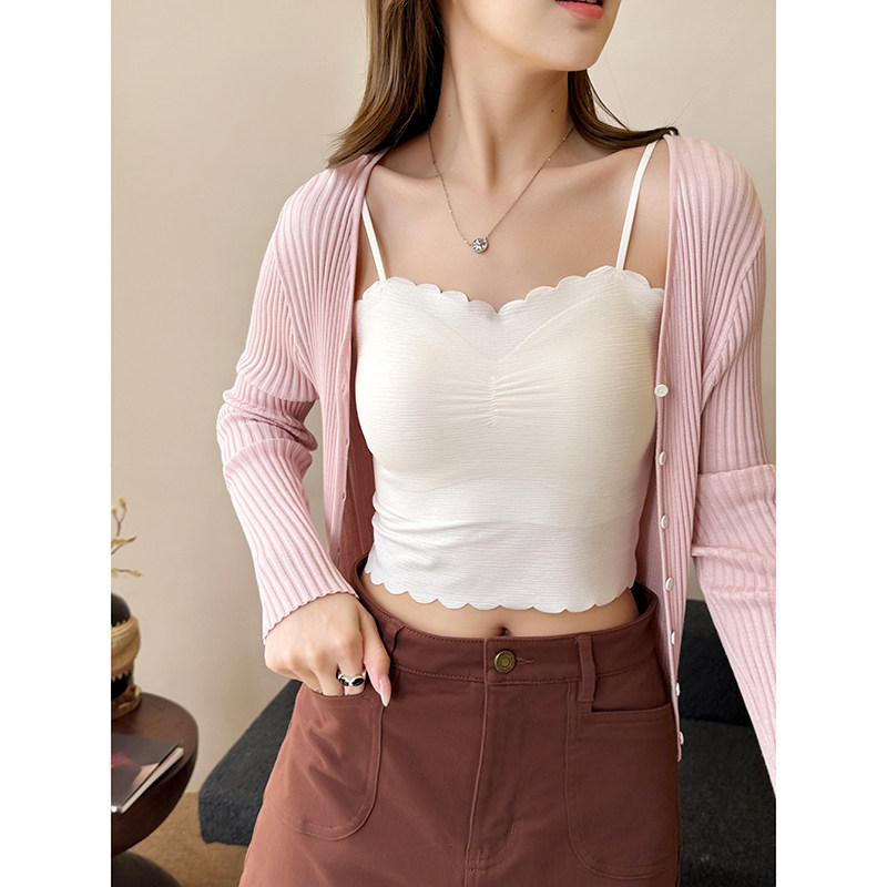 海浪领弹力一体式抹胸吊带设计感褶皱荷叶边外穿内搭修身显瘦短款,女装/女士精品,背心吊带,淘宝优惠券,粉丝福利购,淘宝优惠卷