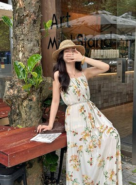 温柔雅花桑蚕丝16姆米双绉吊带连衣裙法式印花收腰系带长款真丝裙