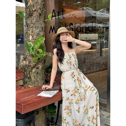 温柔雅花桑蚕丝16姆米双绉吊带连衣裙法式印花收腰系带长款真丝裙