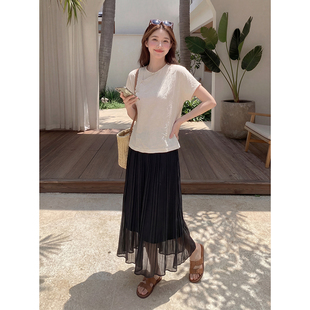 高腰显瘦网纱拼接小黑裙 垂感大摆遮胯百搭中长款 半身裙 8.8折