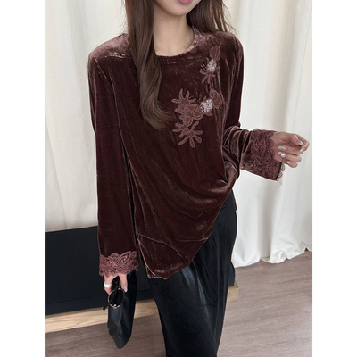 丝绒金鱼绣花上衣国风韵味软糯亲肤宽松显瘦上衣复古质感百搭上衣
